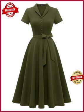 Vintage Tea Dress Short Sleeve V-Neck A-Line Cocktail Work Church Dress